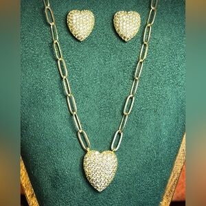 Gold-Tone Pave Heart Pendant Paperclip Necklace & Matching Earrings Set